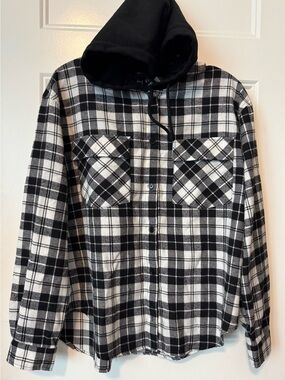 Forever 21 Hooded Plaid Flannel Shirt Jacket Black White Size L